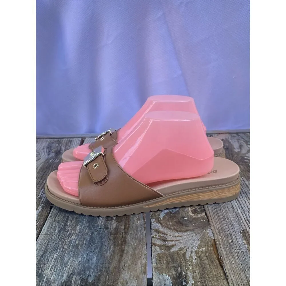 Dr. Scholl’s Island Icon Tan Slide Sandals Gold Buckle Women’s Size 8.5W